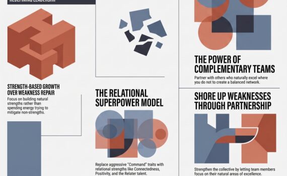 Infographic titled "Affirming Your Quiet Superpowers: Build on Strengths, Not Weaknesses," featuring two main sections detailing internal and external shifts for quiet leadership: The Internal Shift: Redefining Leadership Strength-Based Growth Over Weakness Repair: Focuses on building natural strengths rather than spending energy trying to mitigate non-strengths. Quiet Influence vs. Loud Control: Focuses on leading through deep listening, trust-building, and internal processing rather than "command-and-control" management. The Relational Superpower Model: Replaces aggressive "Command" traits with relational strengths like Connectedness, Positivity, and the Relater talent. The External Shift: Building Collaborative Networks The Power of Complementary Teams: Partners with others who naturally excel where you do not to create a balanced network. Shore Up Weaknesses Through Partnership: Strengthens the collective by letting team members focus on their natural areas of excellence. "We Really Need Each Other": Highlights that effective change is driven by individual contributors who leverage mutual credibility and diverse perspectives.
