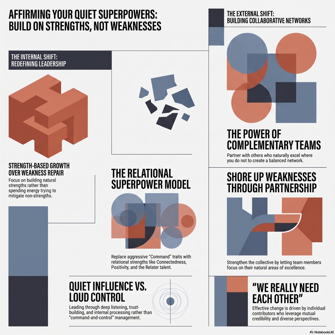 Infographic titled "Affirming Your Quiet Superpowers: Build on Strengths, Not Weaknesses," featuring two main sections detailing internal and external shifts for quiet leadership:  The Internal Shift: Redefining Leadership  Strength-Based Growth Over Weakness Repair: Focuses on building natural strengths rather than spending energy trying to mitigate non-strengths.  Quiet Influence vs. Loud Control: Focuses on leading through deep listening, trust-building, and internal processing rather than "command-and-control" management.  The Relational Superpower Model: Replaces aggressive "Command" traits with relational strengths like Connectedness, Positivity, and the Relater talent.  The External Shift: Building Collaborative Networks  The Power of Complementary Teams: Partners with others who naturally excel where you do not to create a balanced network.  Shore Up Weaknesses Through Partnership: Strengthens the collective by letting team members focus on their natural areas of excellence.  "We Really Need Each Other": Highlights that effective change is driven by individual contributors who leverage mutual credibility and diverse perspectives.  