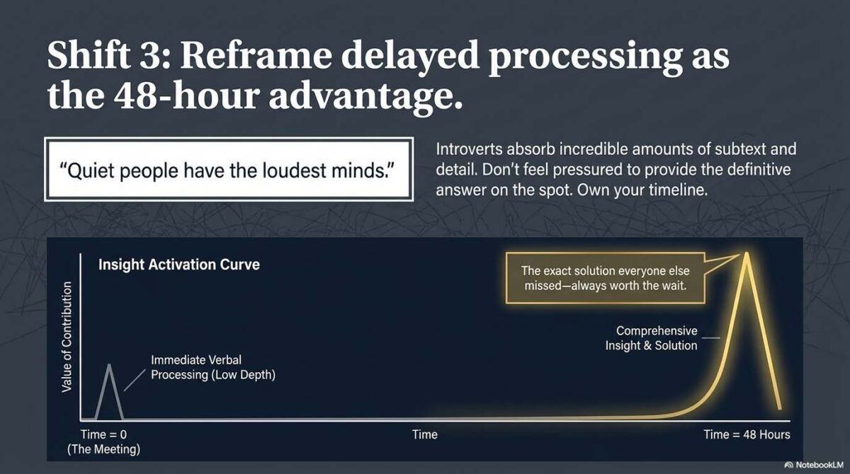 Slide titled "Shift 3: Reframe delayed processing as the 48-hour advantage." Features the quote "Quiet people have the loudest minds." A graph titled "Insight Activation Curve" illustrates the value of contribution over time, showing a small spike at Time = 0 (The Meeting) for immediate verbal processing, followed by a much higher peak at Time = 48 Hours for comprehensive insights and solutions.