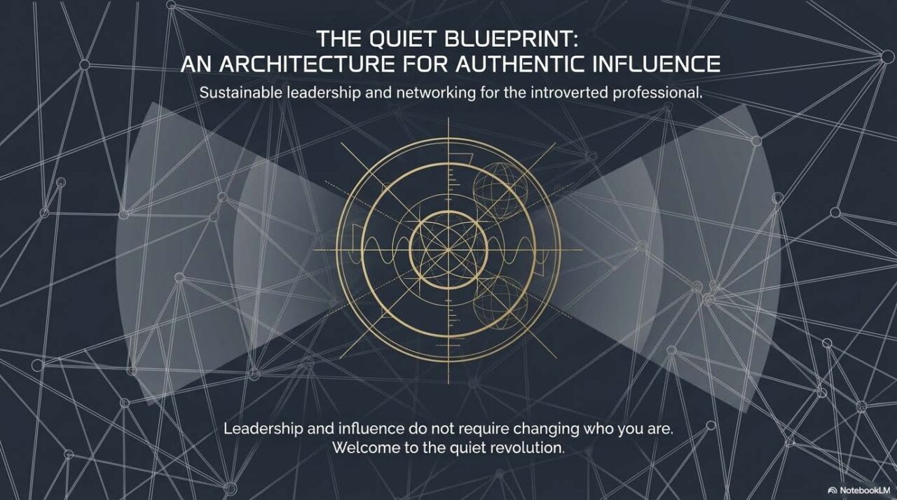 A dark blue blueprint-style title slide with a gold and white diagram of two circles connected by a glowing line, surrounded by concentric wave lines. Text reads: "The Quiet Blueprint: An Architecture for Authentic Influence. Sustainable leadership and networking for the introverted professional."