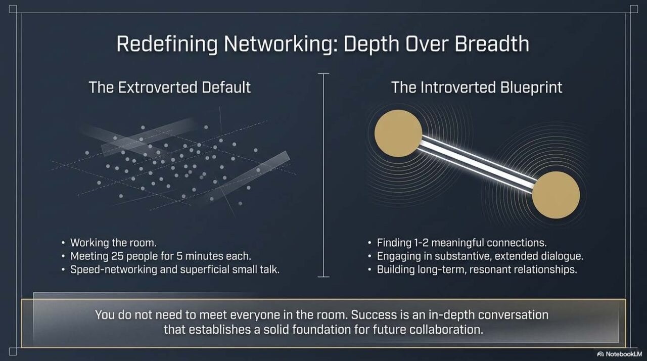 A slide titled "Redefining Networking: Depth Over Breadth" with a graphic of a central circuit board and node paths. It compares "The Extroverted Default" (working the room, meeting 25 people for 5 minutes, superficial small talk) with "The Introverted Blueprint" (finding 1-2 meaningful connections, extended dialogue, and building long-term relationships).