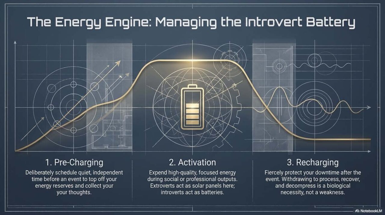 A slide titled "The Energy Engine: Managing the Introvert Battery" showing a glowing battery icon overlaid on a circular blueprint schematic. It outlines three phases: "Pre-Charging" with scheduled quiet time before events, "Activation" by expending focused energy during interactions, and "Recharging" by fiercely protecting downtime afterward.