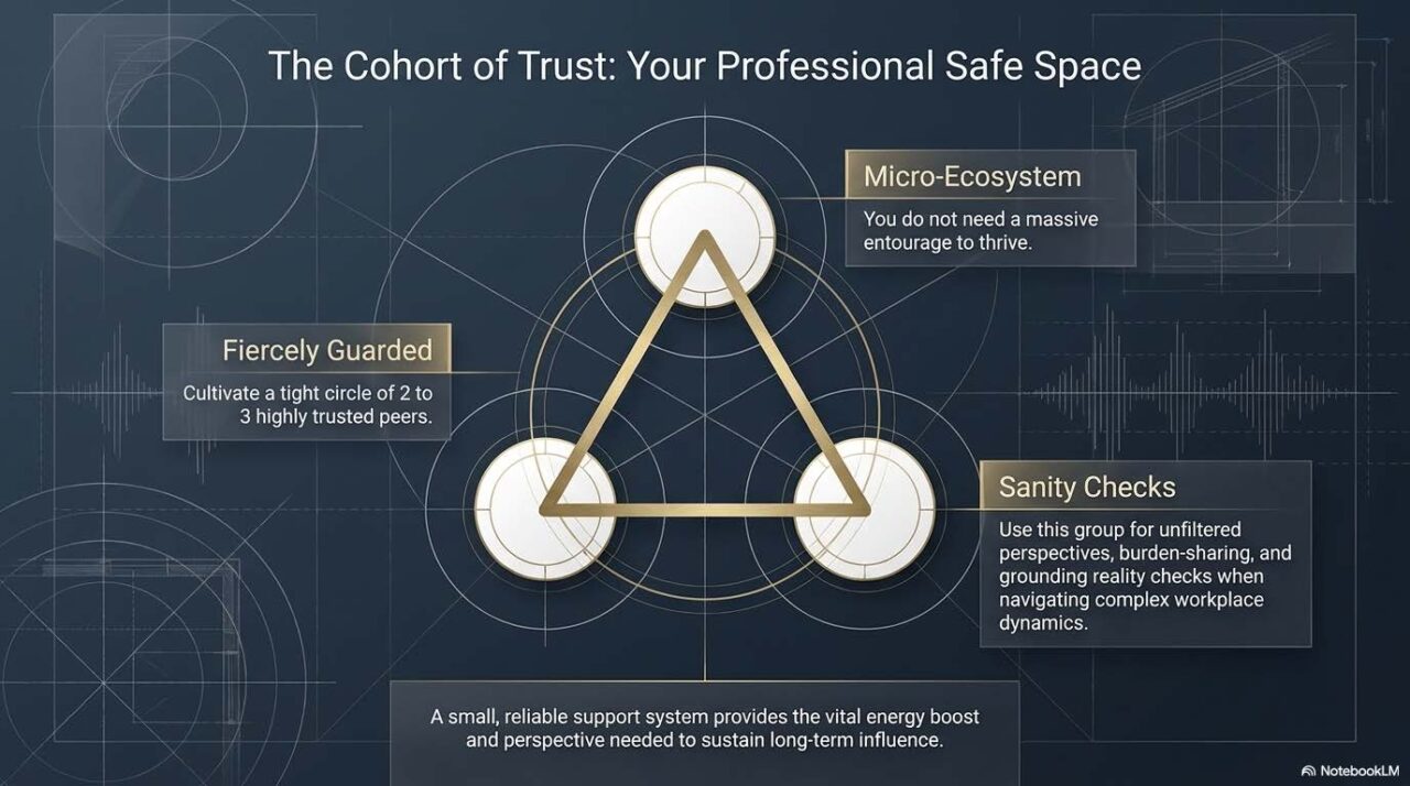A slide titled "The Cohort of Trust: Your Professional Safe Space" featuring a gold triangle connecting three white circular nodes on a blueprint grid. It describes a "Micro-Ecosystem" of 2 to 3 fiercely guarded, highly trusted peers used for mutual support and reality checks to navigate complex workplace dynamics.
