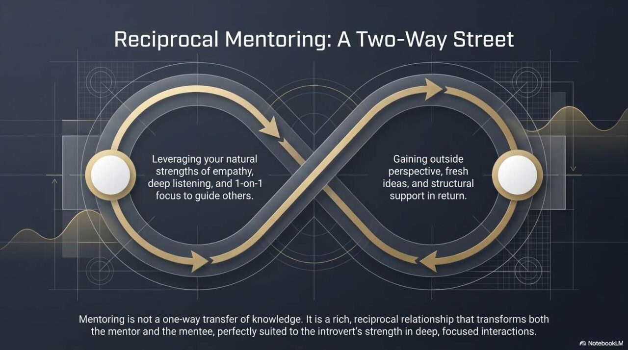 A slide titled "Reciprocal Mentoring: A Two-Way Street" with a blueprint graphic of a golden triangle overlaid on a circle. It explains that mentoring is a reciprocal, two-way partnership that benefits both the mentor and mentee, perfectly suited to the introvert's natural strength in deep, one-on-one interactions.