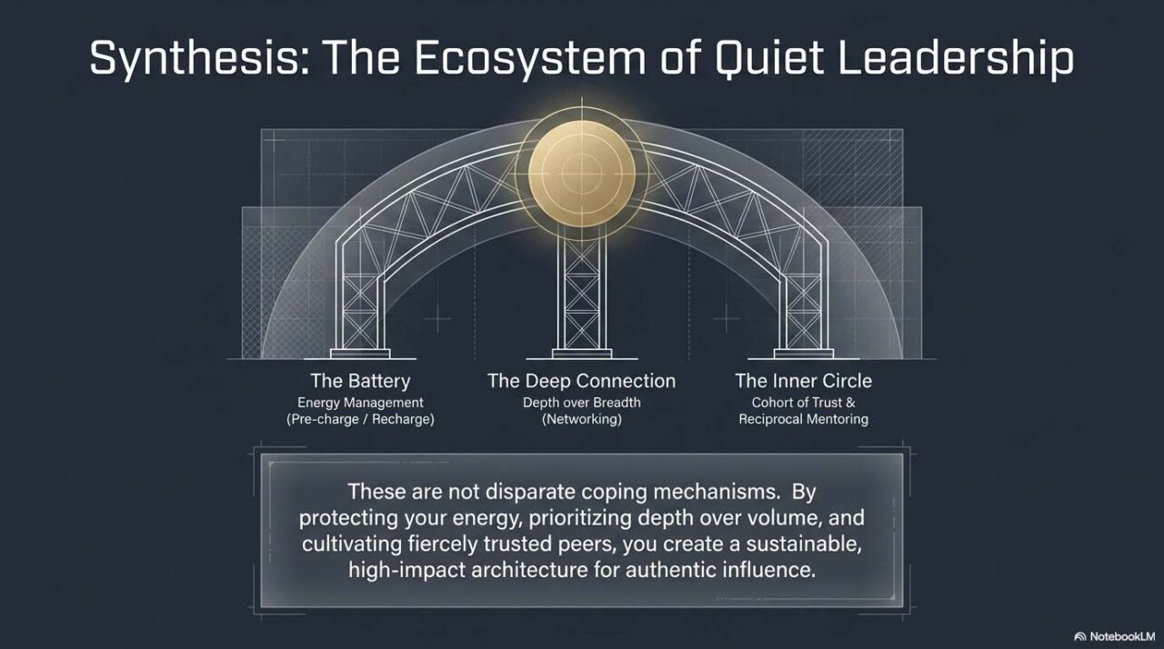 A slide titled "Synthesis: The Ecosystem of Quiet Leadership" displaying a conceptual grid summarizing the three core pillars: "The Battery" (energy management), "The Deep Connection" (depth over breadth in networking), and "The Inner Circle" (cohort of trust and reciprocal mentoring), showing how they work together as a complete leadership system.